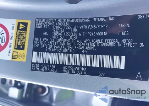 2015 Toyota Highlander Xle V6 из США, поврежденный, VIN 5TDJKRFH2FS080343